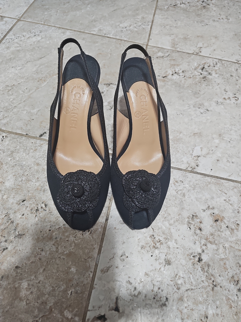 CHANEL Black Slingback Peep-Toe Mules with Camellia Detail